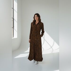 Poetry Long Sleeve 100% Silk Print Brown Maxi Dress Size 4 UK 8 Artsy
